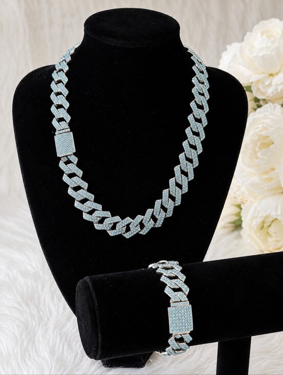 Jewelry - 18" Stainless Steel Iced Cuban Link Necklace & 8.5" Bracelet Set | Blue Rhinesto